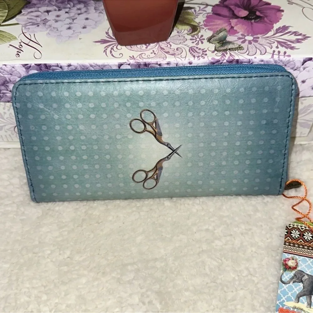 Mlaui Vegan Leather Wallet Blue Tones Polka Sewing Machine & Scissors Print